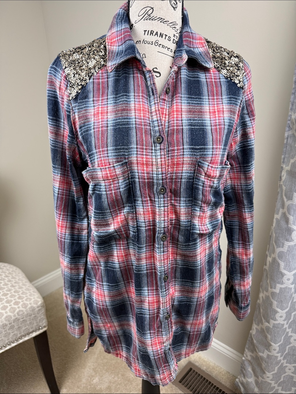 Free People Flannel Sequin Long Tunic Blouse Plaid size XS - Small (oversized)